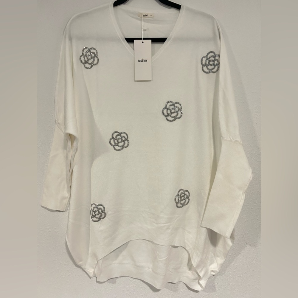 MOEWY White Silver Floral Embellished Sweater Size “Taille Unique” (One Size)